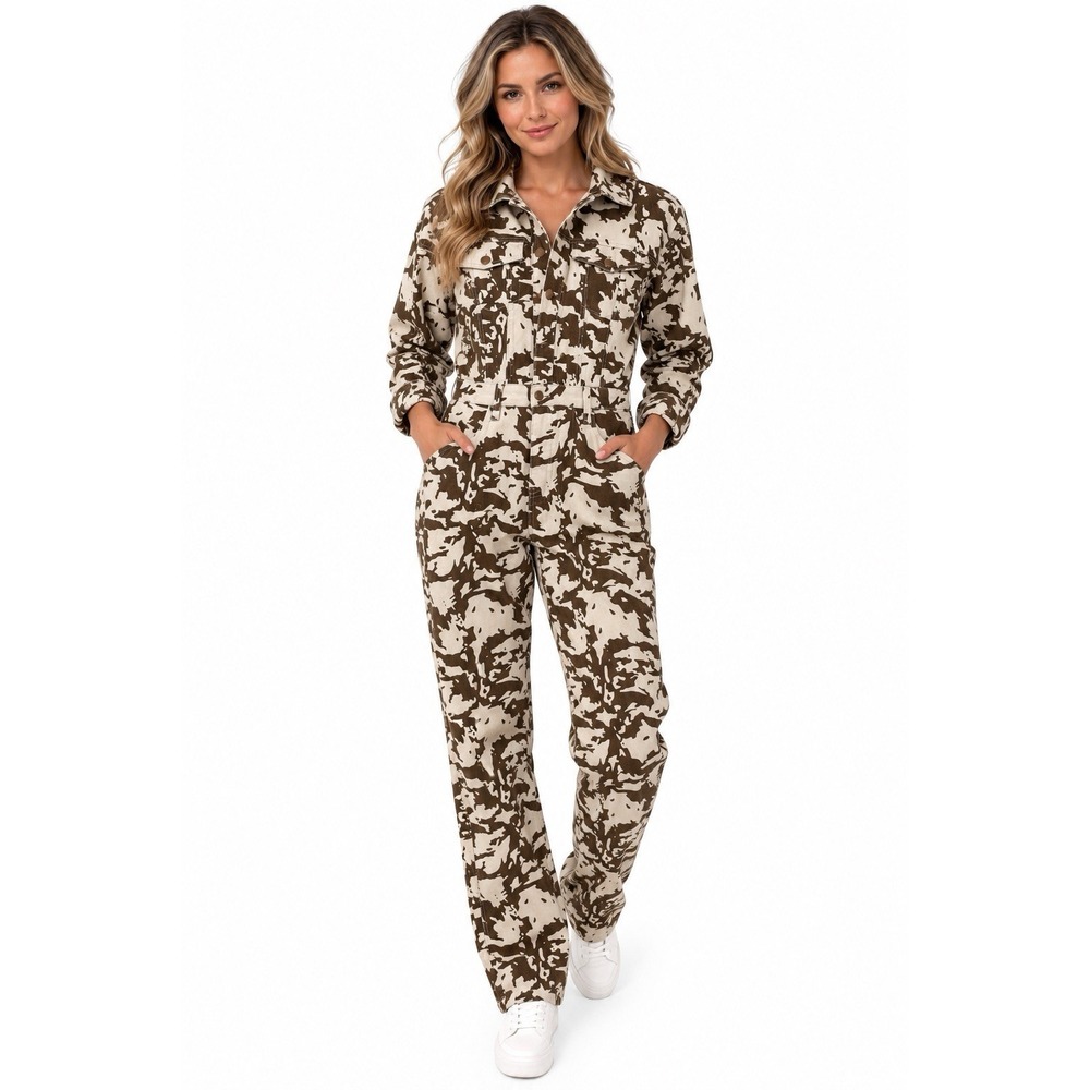Fashion Nova Camo Jumpsuit Womens M Brown Cream Utility Cargo Workwear